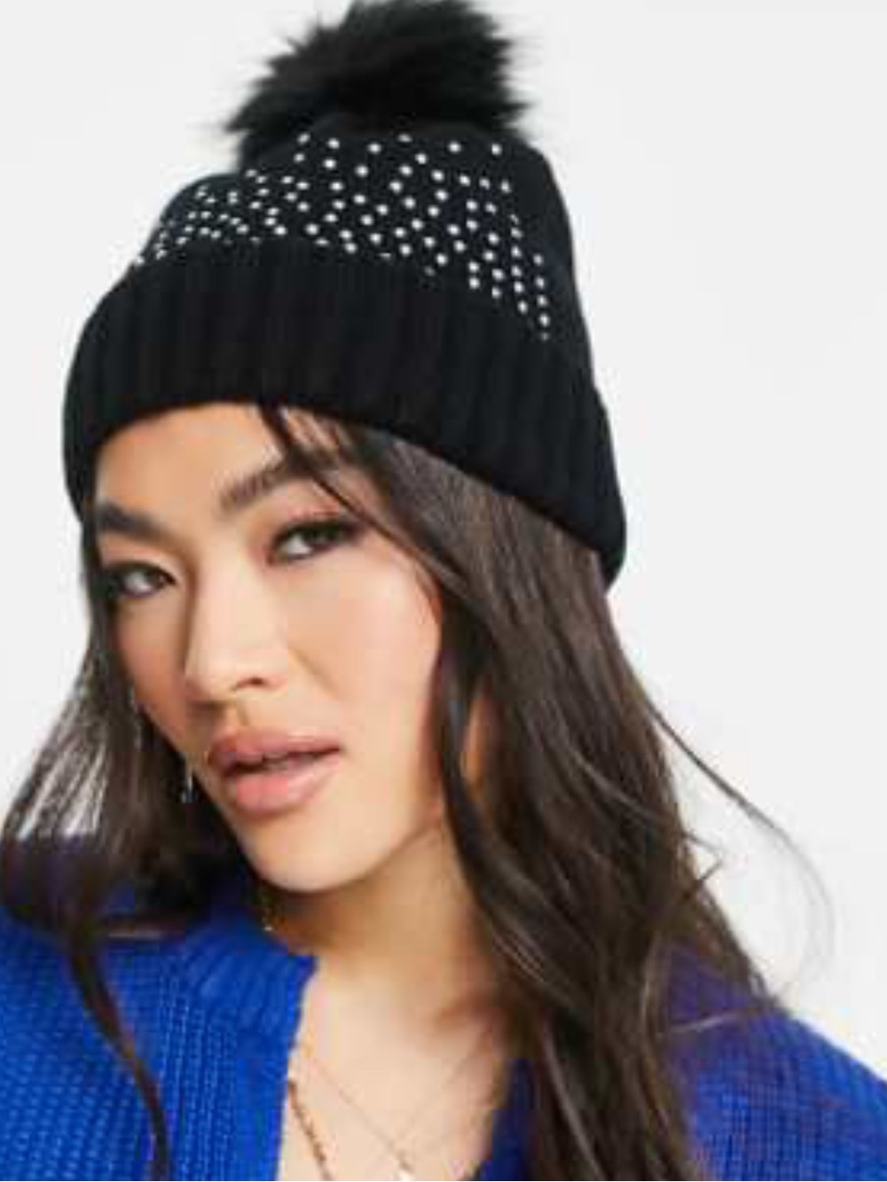 Black Pom Pom Beanie Hat with Rhinestones